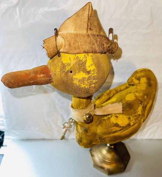 Unique, Plush Duck In a, Captains Cap, with Brass Bells & Metal Key Necklace, On a Brass Stand