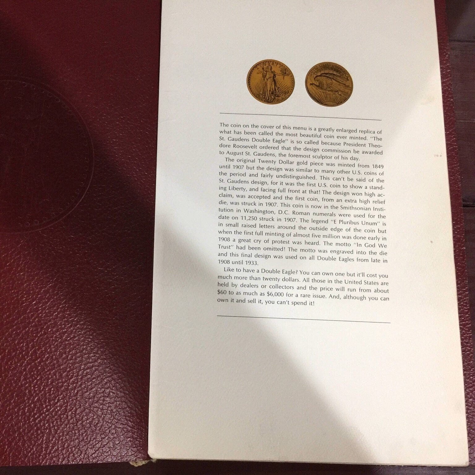 The Double Eagle Vintage Collectible Menu Very hard to find