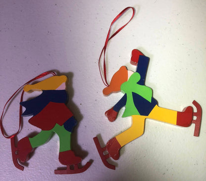 Colorful Wooden Ice Skaters Set Of Two Vintage Christmas Ornaments