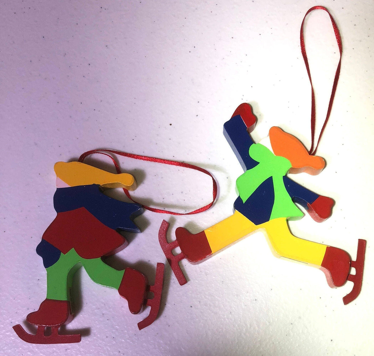 Colorful Wooden Ice Skaters Set Of Two Vintage Christmas Ornaments