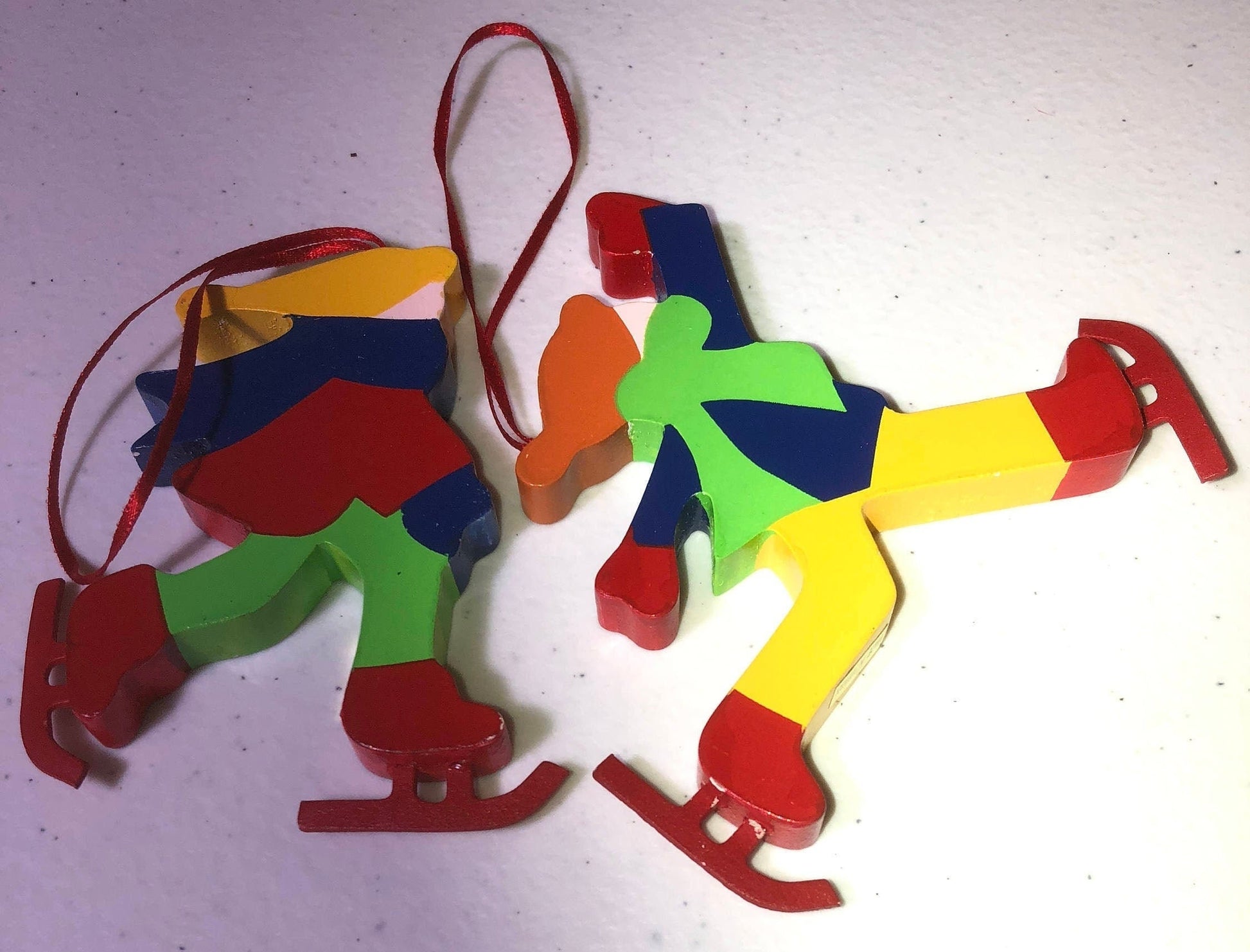 Colorful Wooden Ice Skaters Set Of Two Vintage Christmas Ornaments