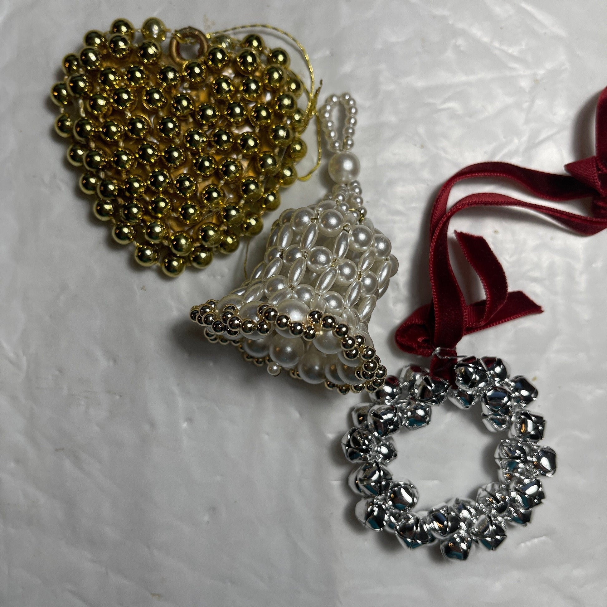 Beads and Bells Set Of 3 Gold White And Silver Christmas Tree Ornaments