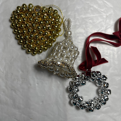 Beads and Bells Set Of 3 Gold White And Silver Christmas Tree Ornaments