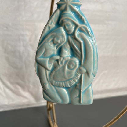 Baby Jesus Mary and Joseph Powder Blue Pottery Nativity Vintage Christmas Tree Ornament