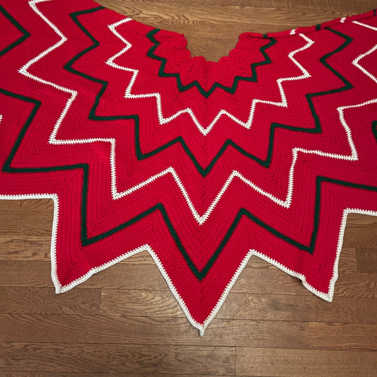 Absolutely Beautiful Hand Knitted Christmas Tree Skirt Red with White and Green Accents 84 By 42 Inches!