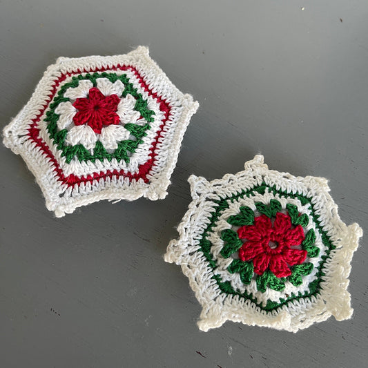 Snowflakes Pair White Red and Green Hand Crocheted Vintage Christmas Ornament