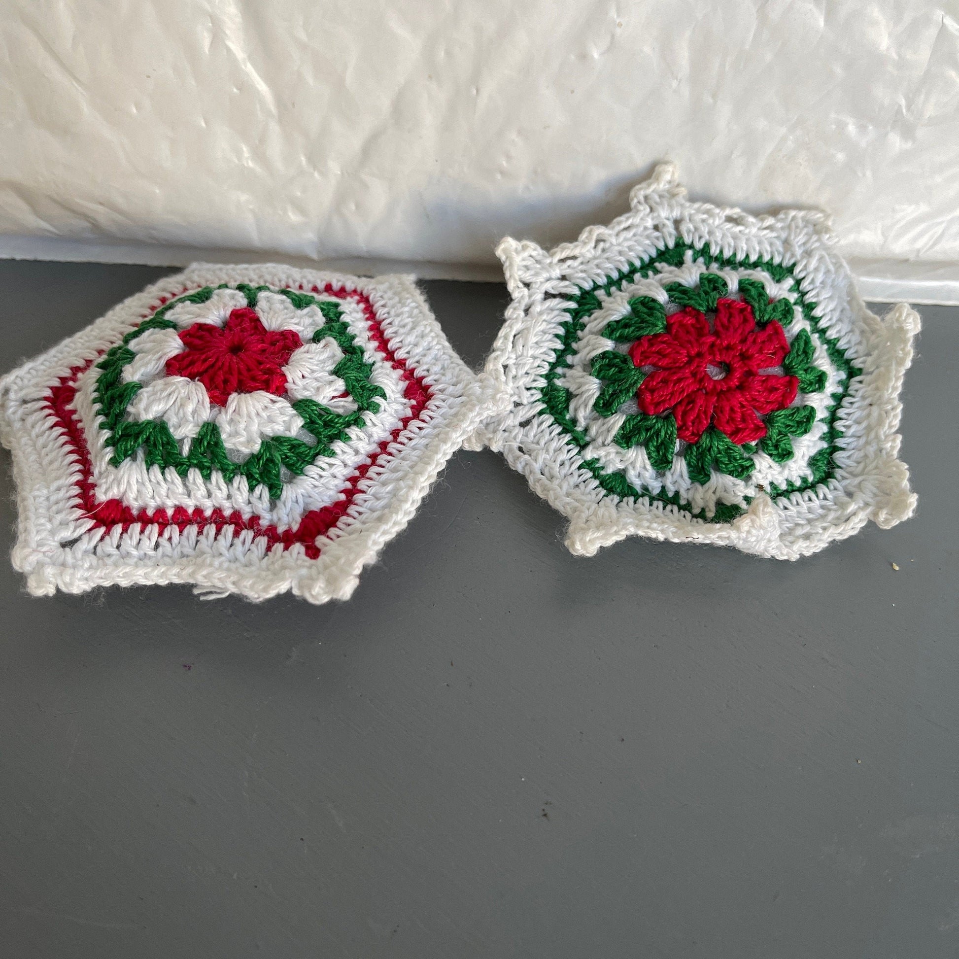 Snowflakes Pair White Red and Green Hand Crocheted Vintage Christmas Ornament