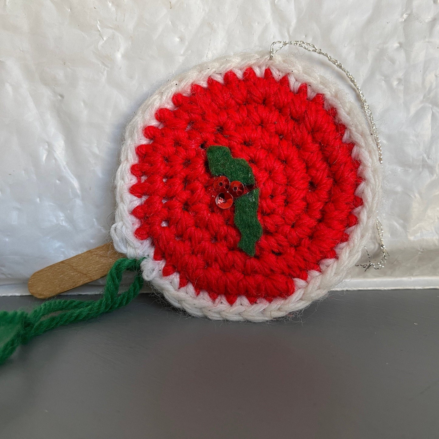 Lollipop On a Wooden Stick Hand Knitted Christmas Ornament