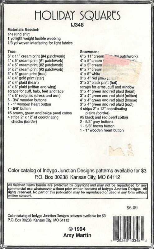 Indygo Junction Holiday Squares IJ348 Vintage1994 Pattern For Two Shirt Appliques