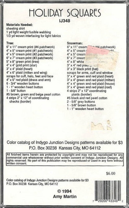 Indygo Junction Holiday Squares IJ348 Vintage1994 Pattern For Two Shirt Appliques