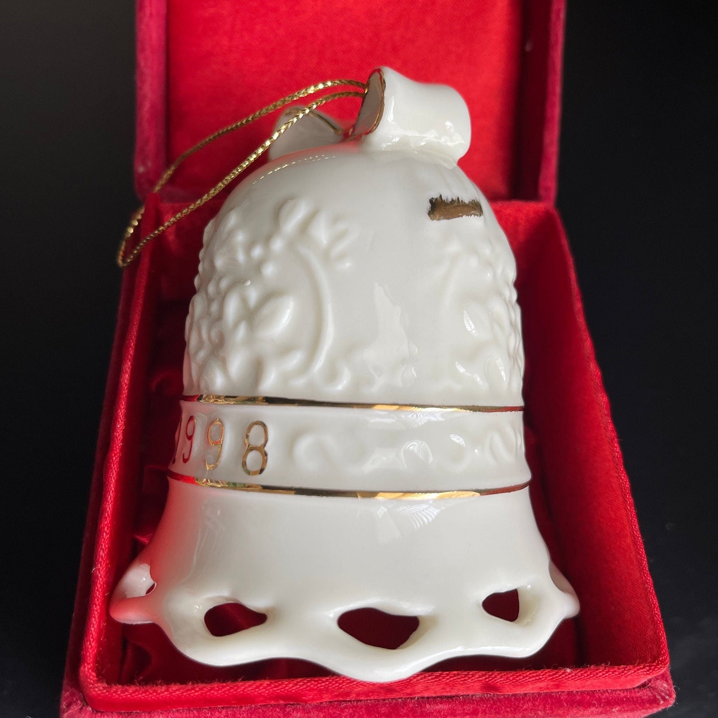 Whimsical White Porcelain Bell Dated 1998 Christmas Ornament