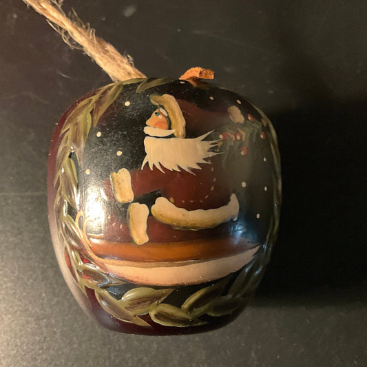 Sensational Santa Claus on dark red apple shape hand painted wooden and raised ornament