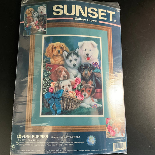 Sunset Loving Puppies 11123 on printed fabric cross stitch kit 12 by 16 inches