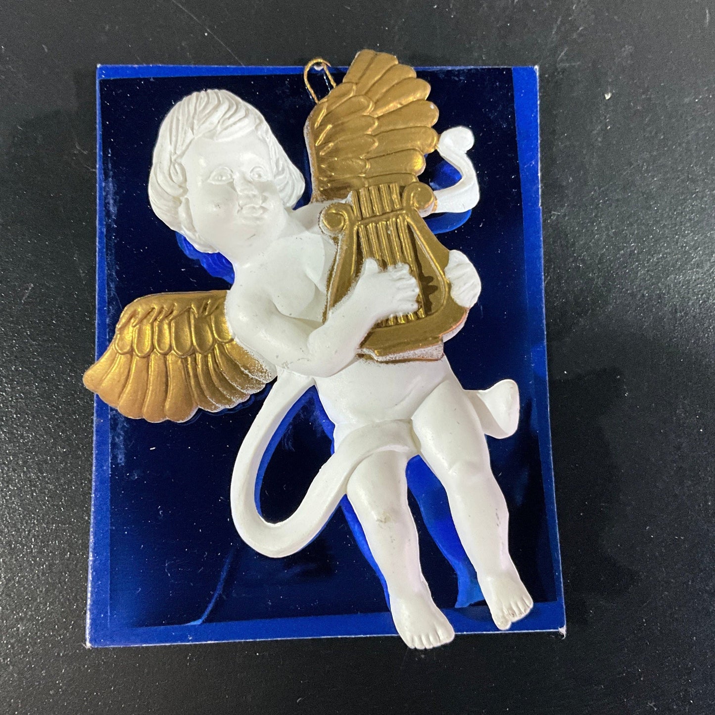 SNP Cherub Playing a Harp vintage molded plastic ornament