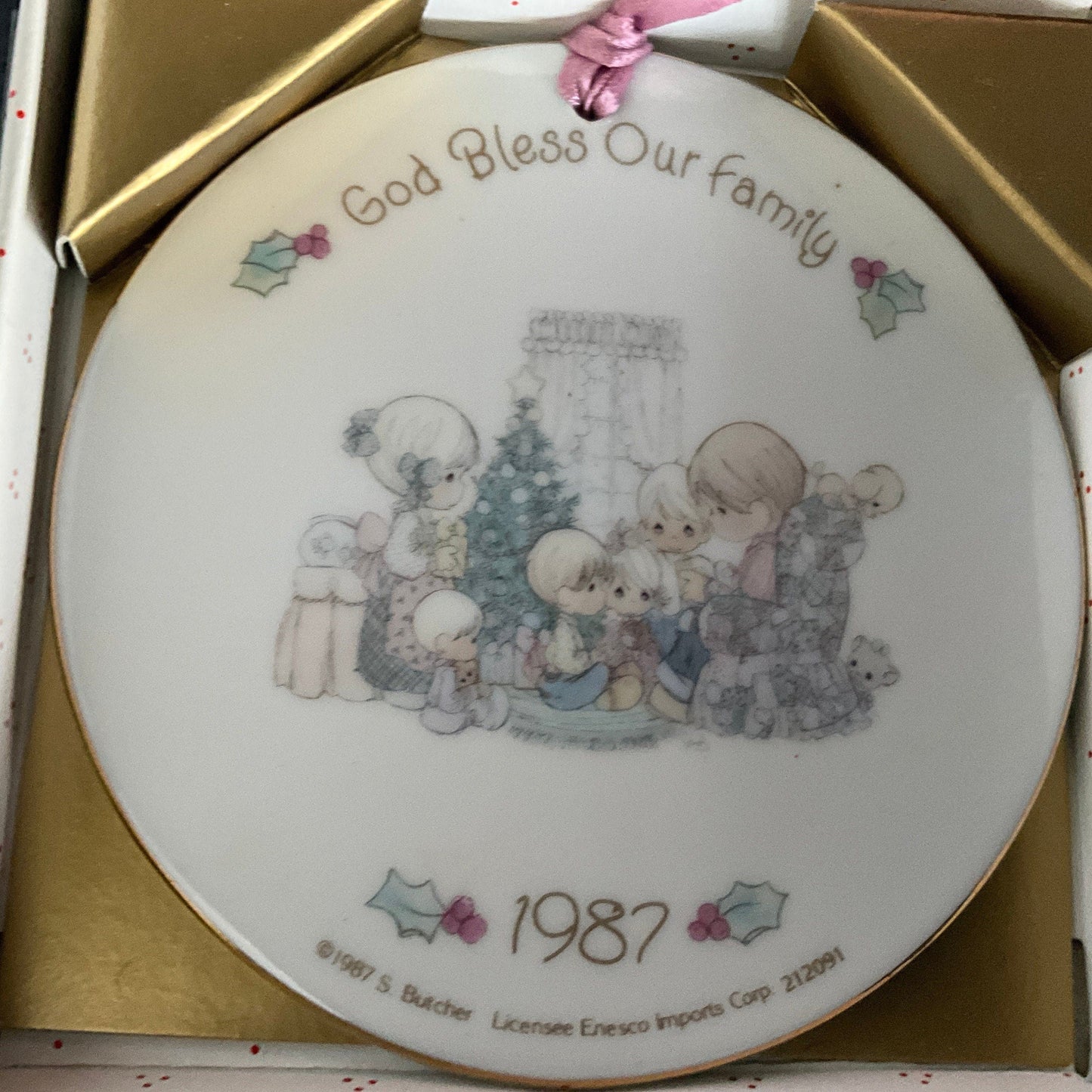 Precious Moments God Bless Our Family dated 1987 porcelain Christmas ornament