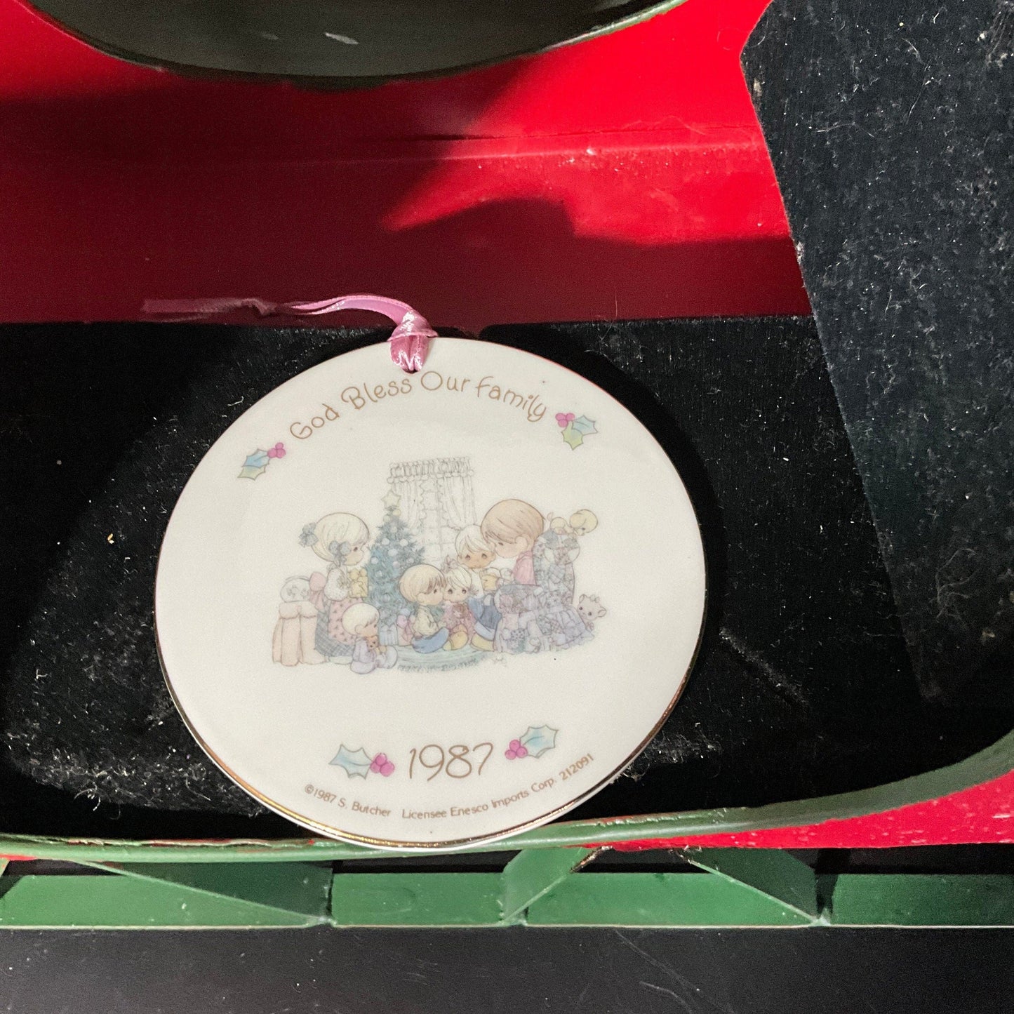 Precious Moments God Bless Our Family dated 1987 porcelain Christmas ornament