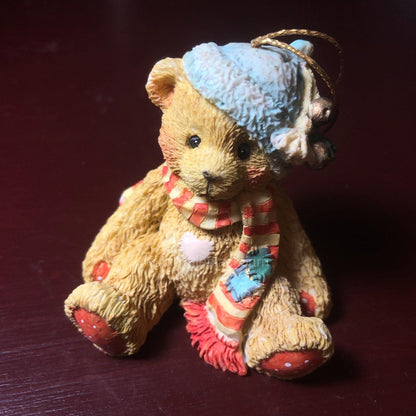 Cherished Teddies, Bear with red and White Striped Scarf and Green Stocking Cap*