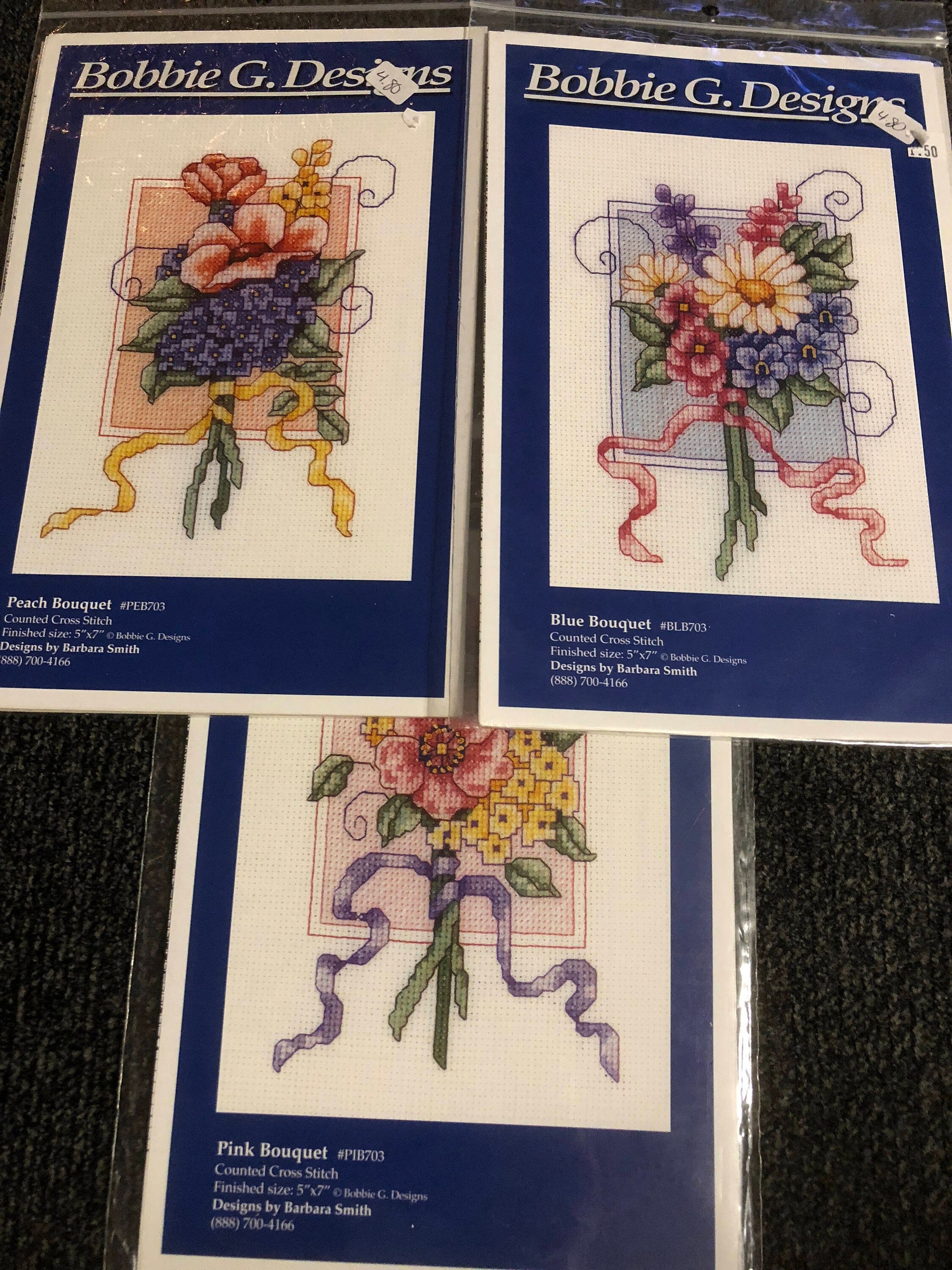 Bobbie G. Designs, Set of 3, Counted Cross Stitch Patterns Includes 3 Bouquet patterns Peach, Blue, and Pink