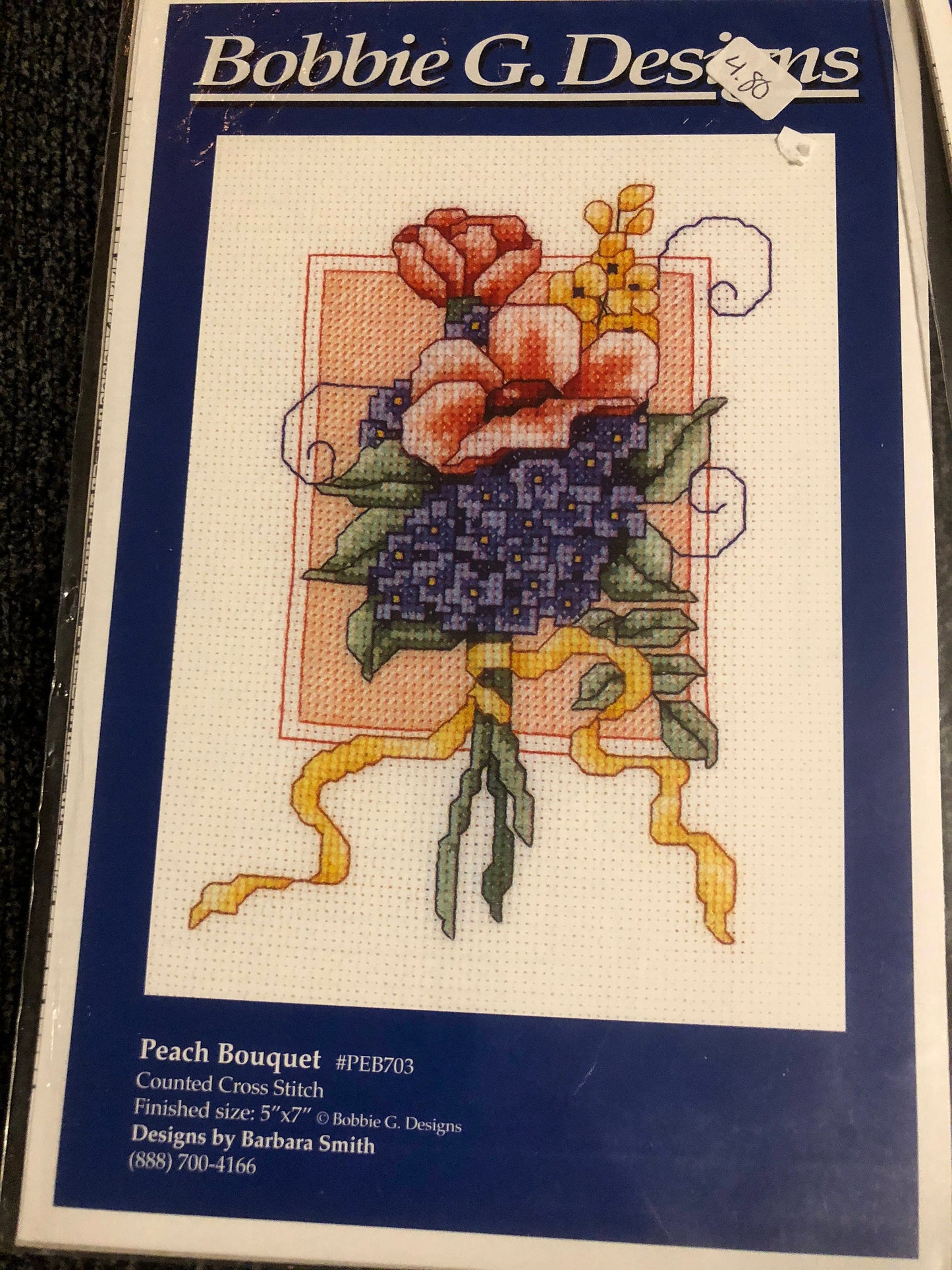 Bobbie G. Designs, Set of 3, Counted Cross Stitch Patterns Includes 3 Bouquet patterns Peach, Blue, and Pink