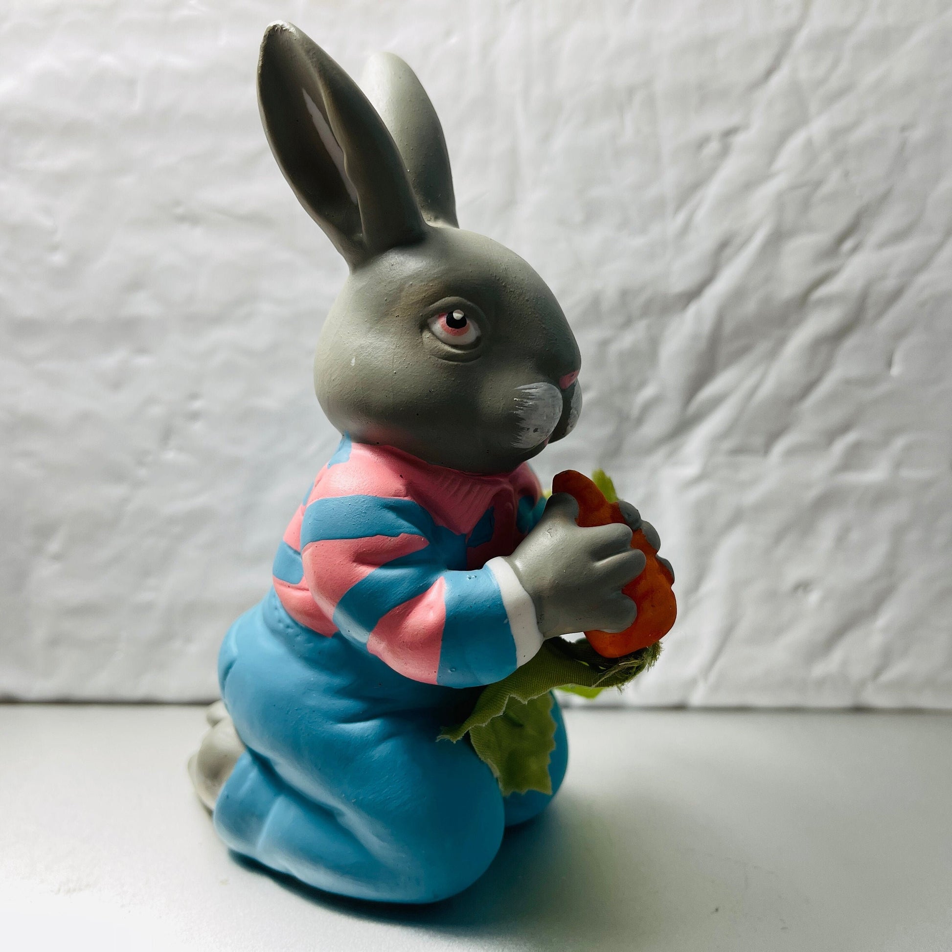 Department 56, Bunny Rabbit In Overalls & Striped Sweater, Eating A Carrot, with silk leaves*