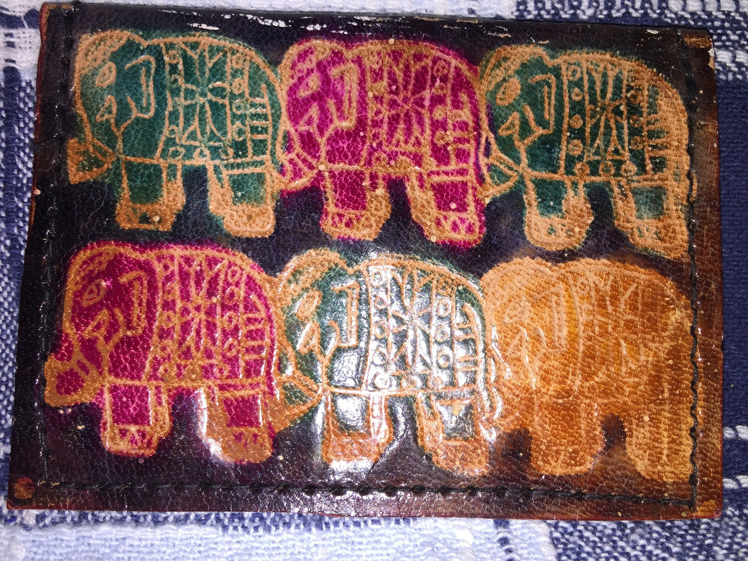 Elephants, Engraved and Stained Vintage Collectible Coin Purse Handmade Leather