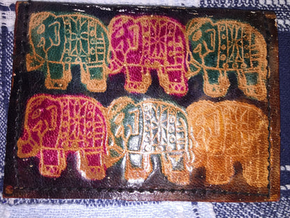 Elephants, Engraved and Stained Vintage Collectible Coin Purse Handmade Leather