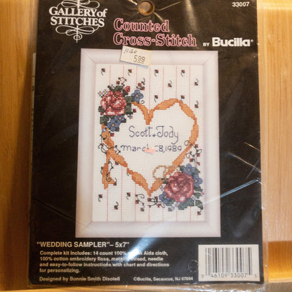 Gallery of Stitches by Bucilla, Wedding Sampler, Vintage Counted Cross Stitch Kit, 5 by 7 Inches