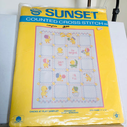 Sunset, Chick&#39;s At Play Sampler, Vintage 1986, Counted Cross Stitch Kit*