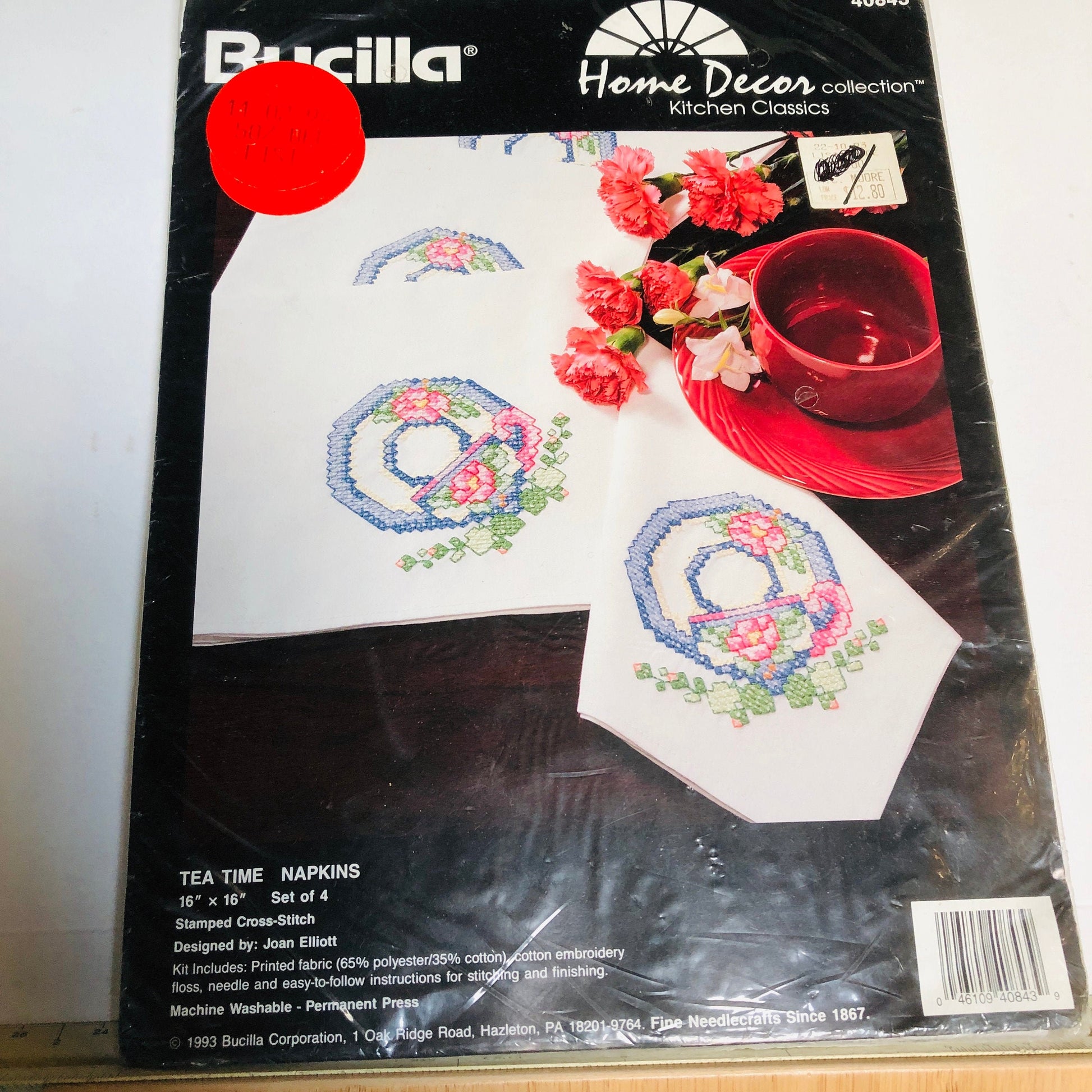 Bucilla, Tea Time Napkins, Vintage 1993, Stamped Cross Stitch Kit* *Set of 4 in Package,