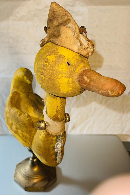 Unique, Plush Duck In a, Captains Cap, with Brass Bells & Metal Key Necklace, On a Brass Stand