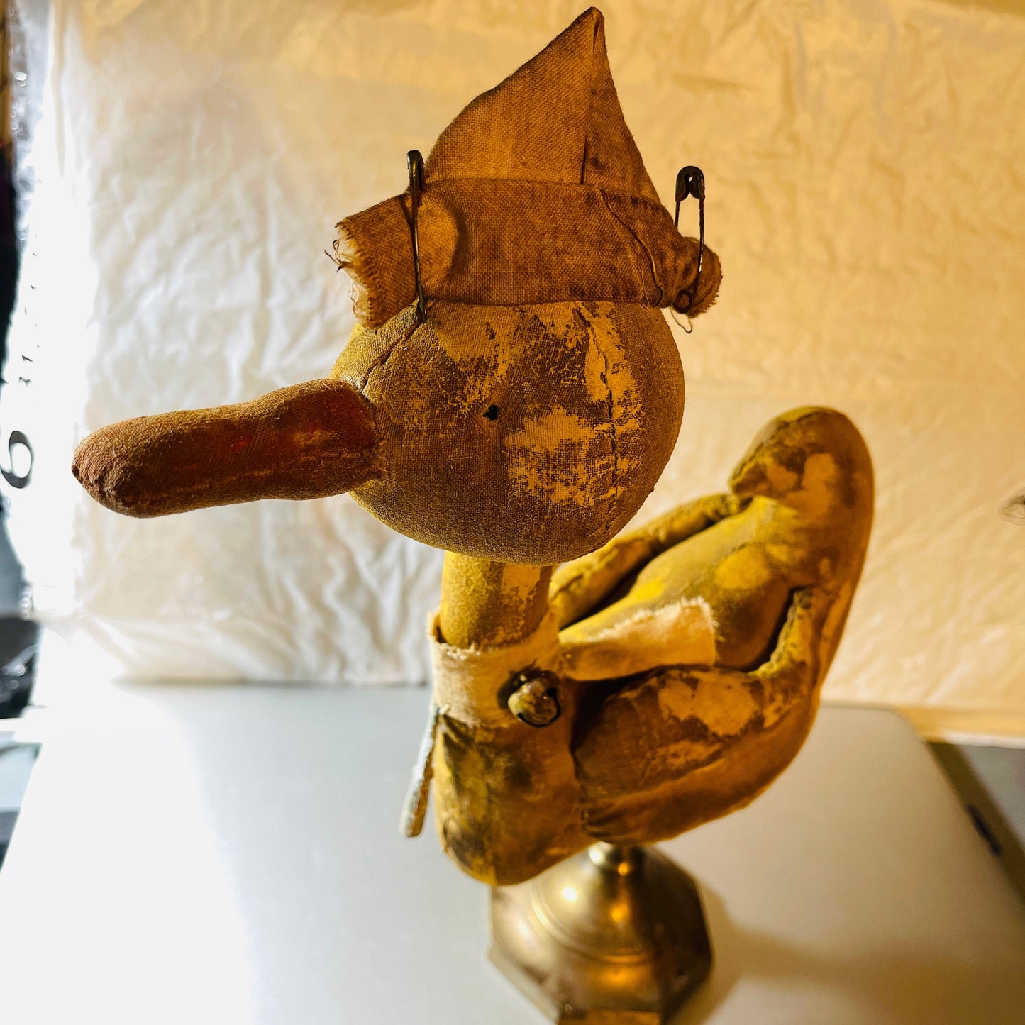 Unique, Plush Duck In a, Captains Cap, with Brass Bells & Metal Key Necklace, On a Brass Stand