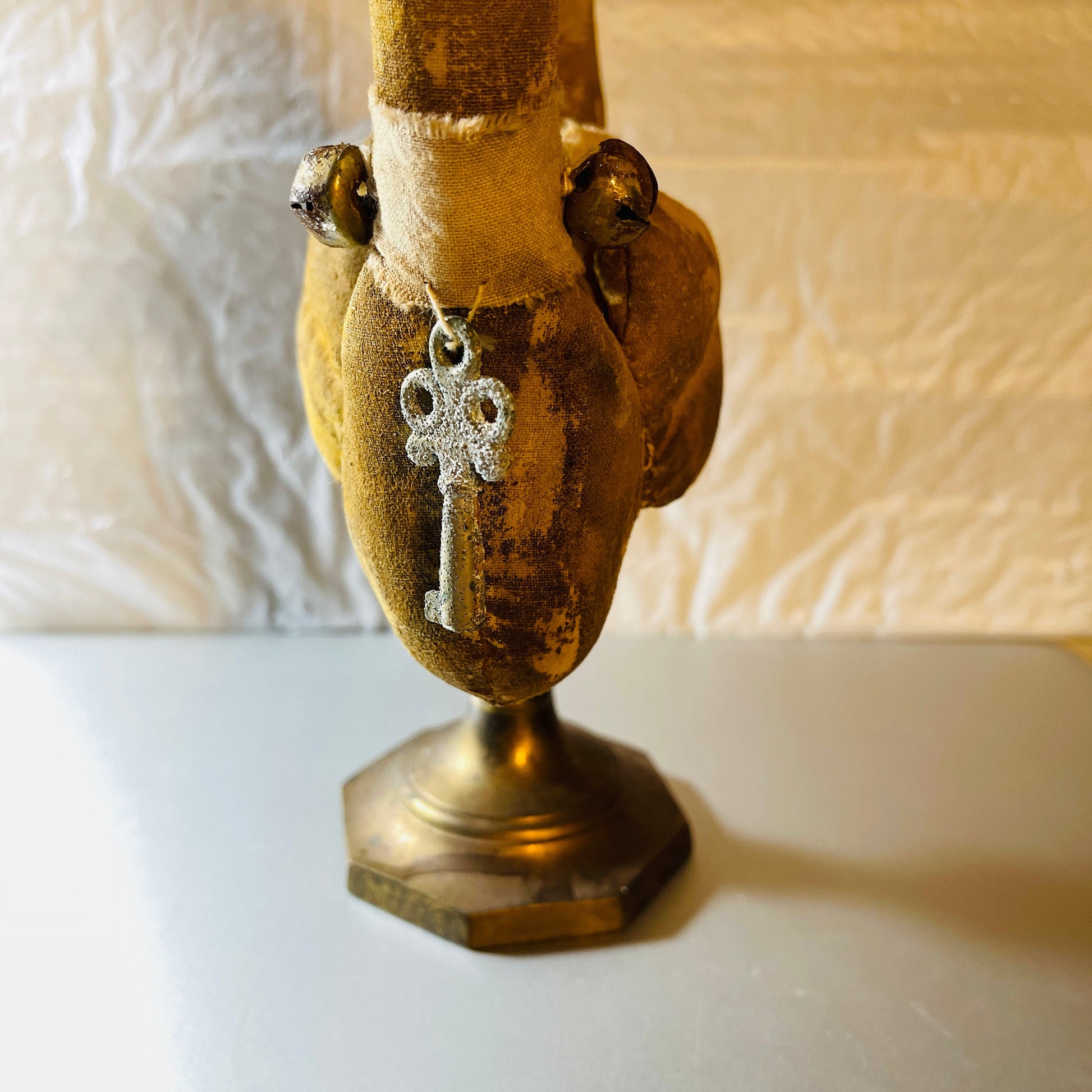 Unique, Plush Duck In a, Captains Cap, with Brass Bells & Metal Key Necklace, On a Brass Stand