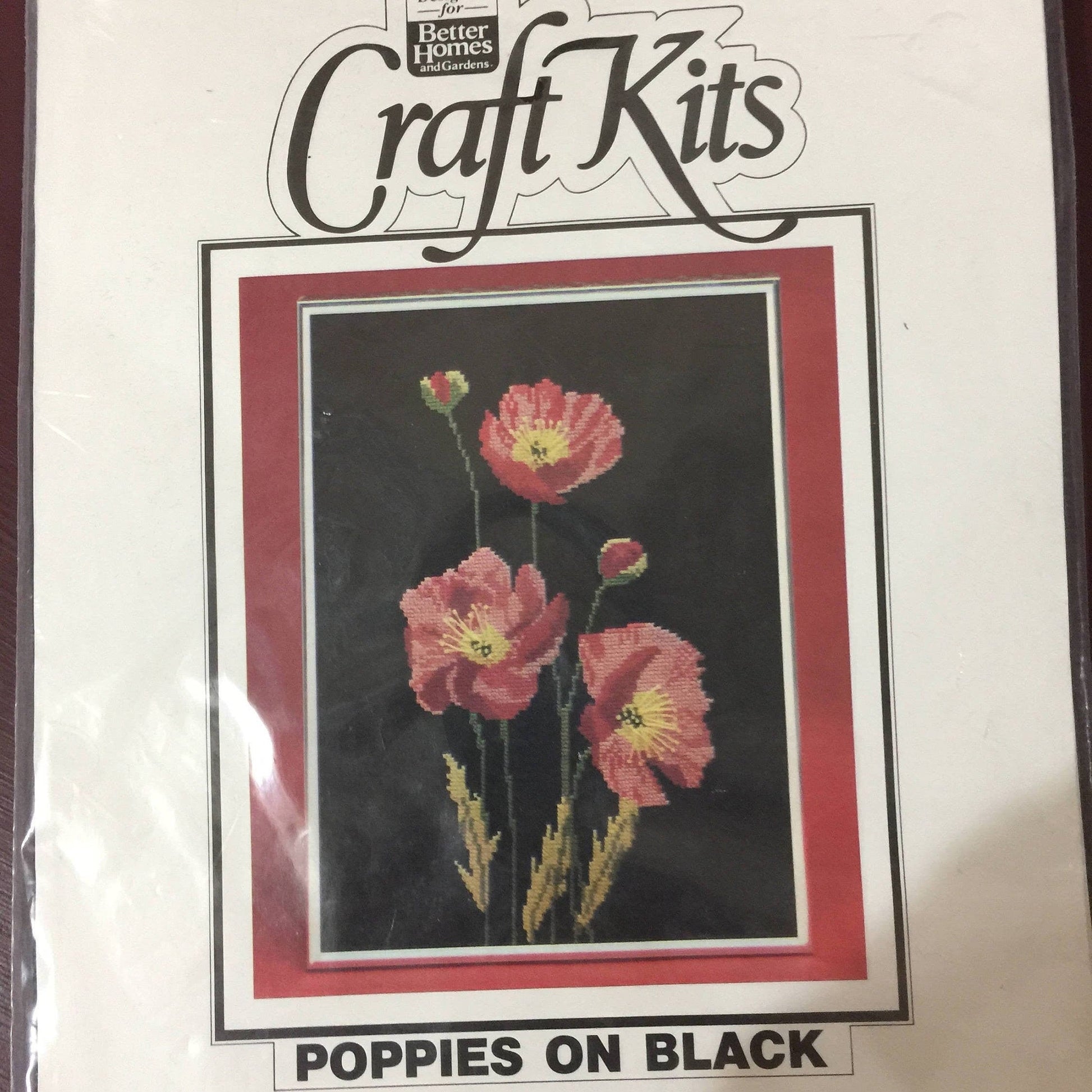 Better Homes and Gardens Craft kits &quot;Poppies on Black&quot; Vintage counted cross stitch kit designed by Janlynn 9&quot;x12&quot; very hard to find