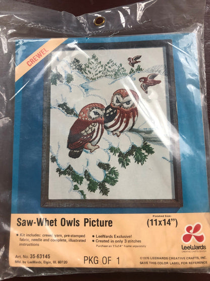 LeeWards Saw-Whet Owls Picture Vintage 1976 Crewel Kit 11 by 14 Inches Very Hard To Find