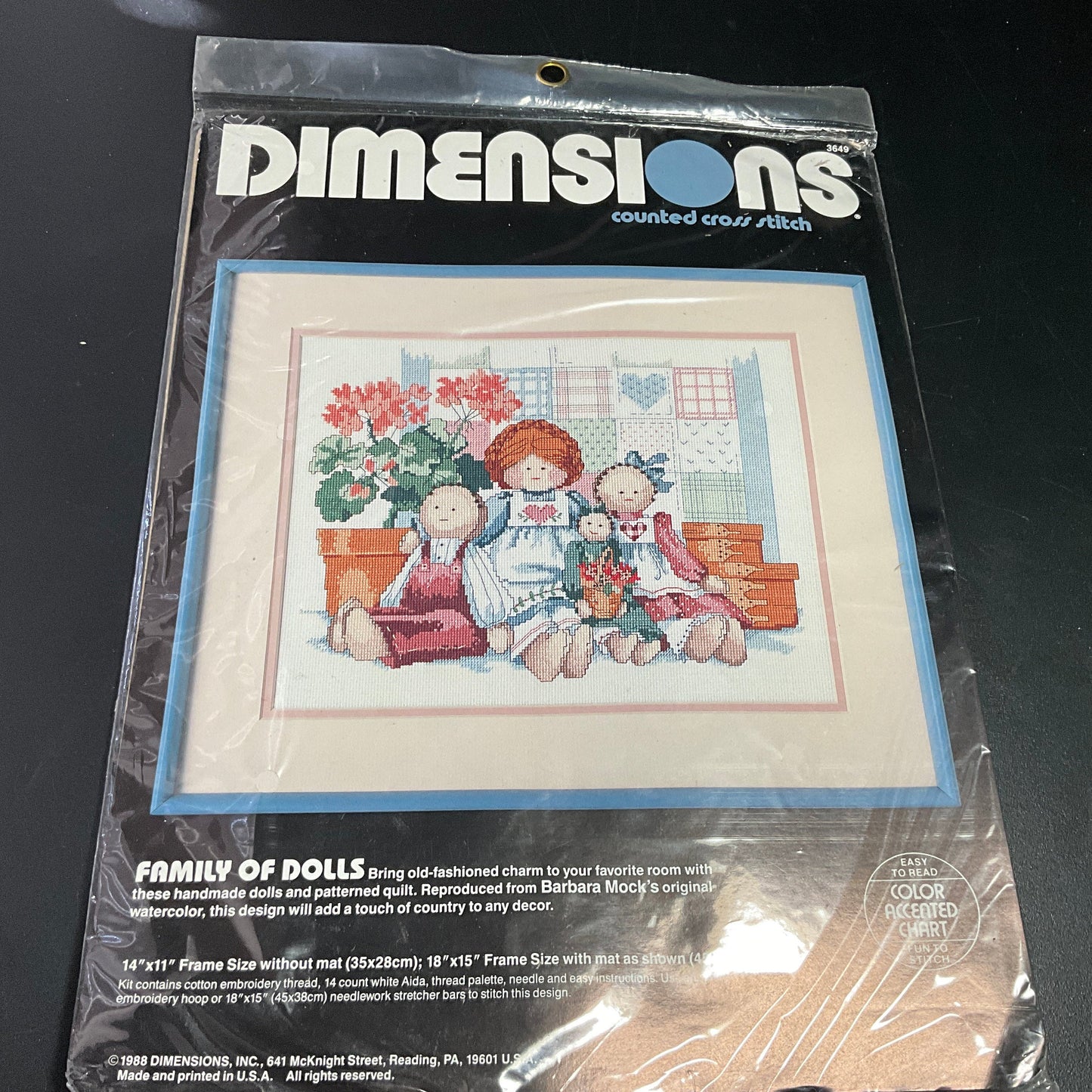 Dimensions Family of Dolls 3649 vintage 1988 counted cross stitch kit 14 by 11 inches 14 count white AIDA