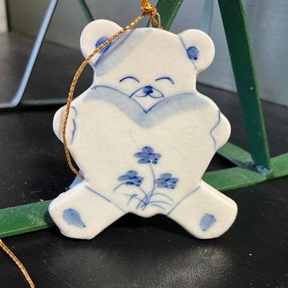 Teddy Bear and Sheep set pf 2 blue and white ceramic Christmas ornaments