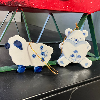 Teddy Bear and Sheep set pf 2 blue and white ceramic Christmas ornaments