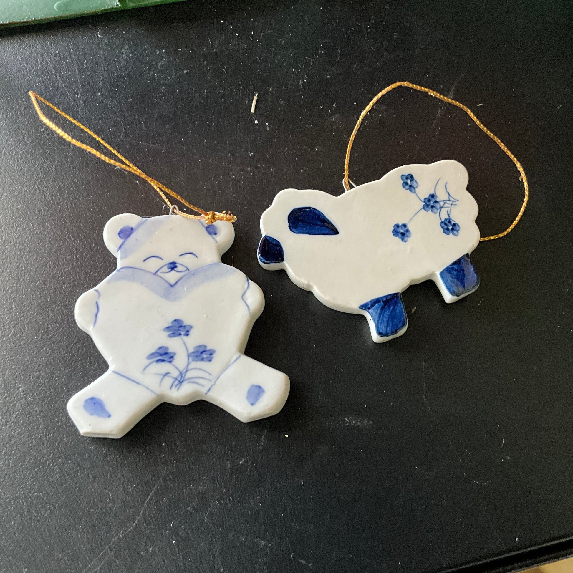 Teddy Bear and Sheep set pf 2 blue and white ceramic Christmas ornaments