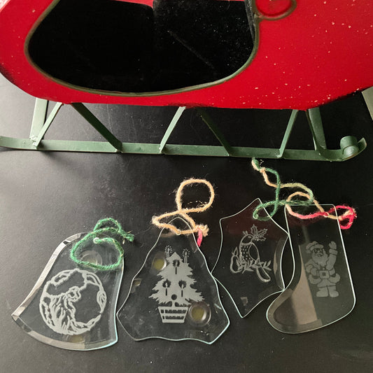 Elegant etched beveled glass set of 4 vintage Christmas ornaments