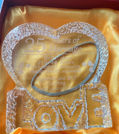 Lovly LOVE Heart 25 Years of Marriage lazer cut crystal anniversary keepsake 