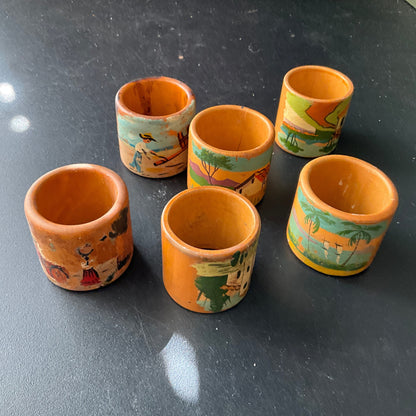 Costa Rican scenery hand painted on 6 wooden napkin rings souvenir collectible from Costa Rica