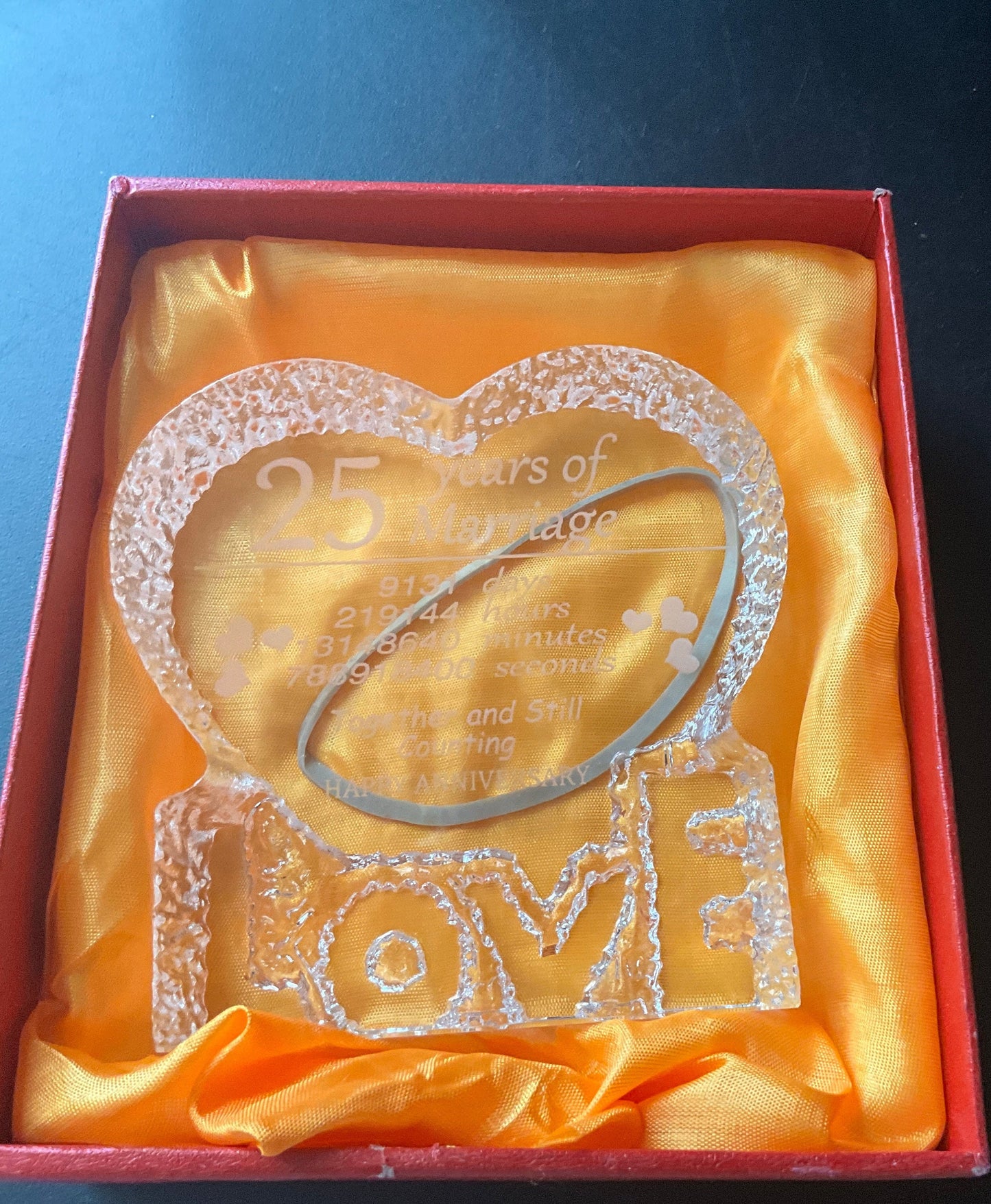 Lovly LOVE Heart 25 Years of Marriage lazer cut crystal anniversary keepsake 