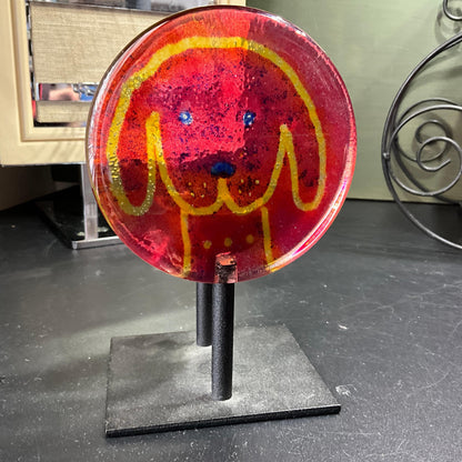 Precious Puppy Face votive holder Steninge Slott Sweden art glass very thick stained glass with iron base candle holder