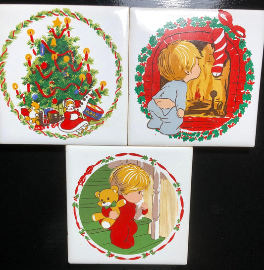 Jasco, Child with Teddy Bear, Christmas Tree, and (2) Two Boy by the Fire, Vintage, 1981, Set of Four (4) Tile Trivets