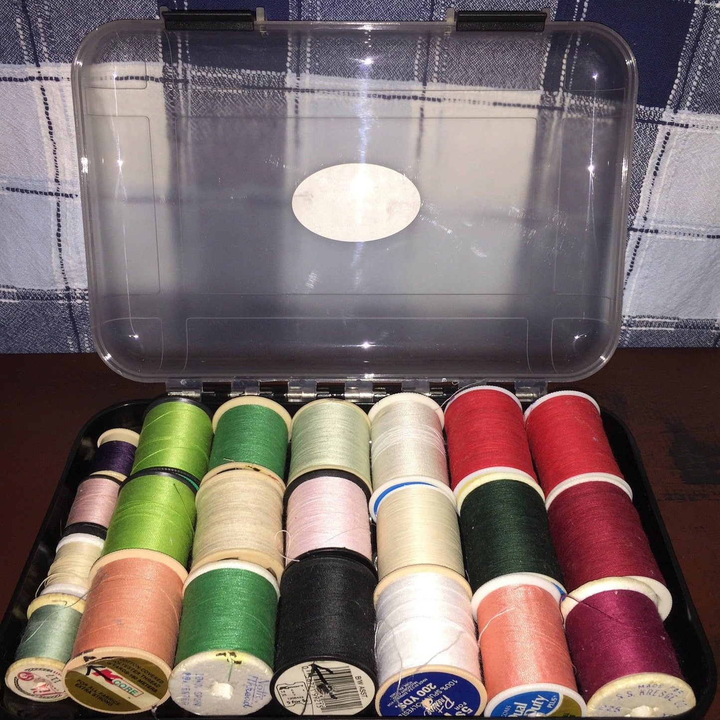 Sewing Notion Bargain Box full of used spools of thread great storage box is included*