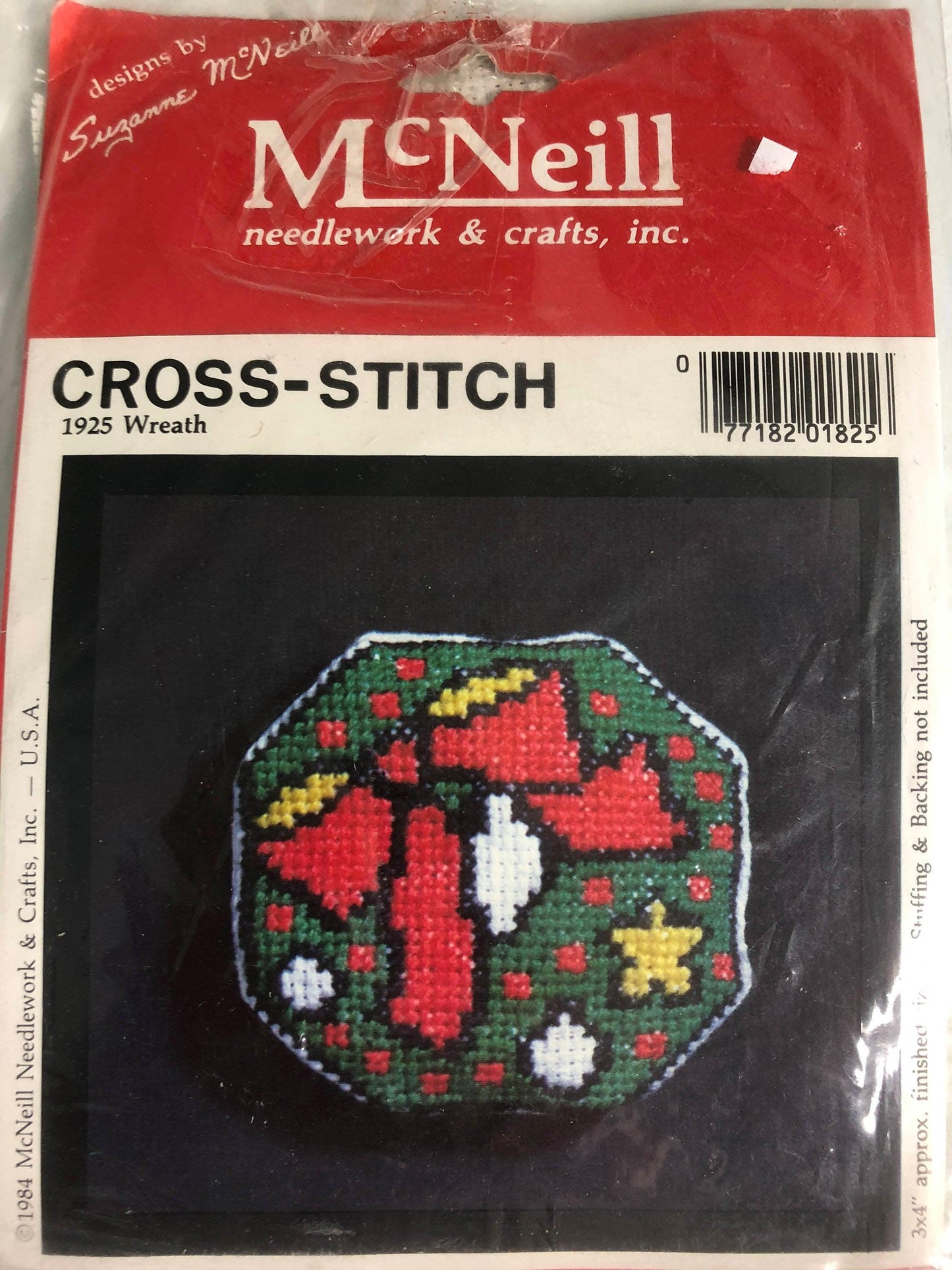 Suzanne McNeill Cross Stitch Wreath Kit #1925, Vintage 1984, Christmas Ornament