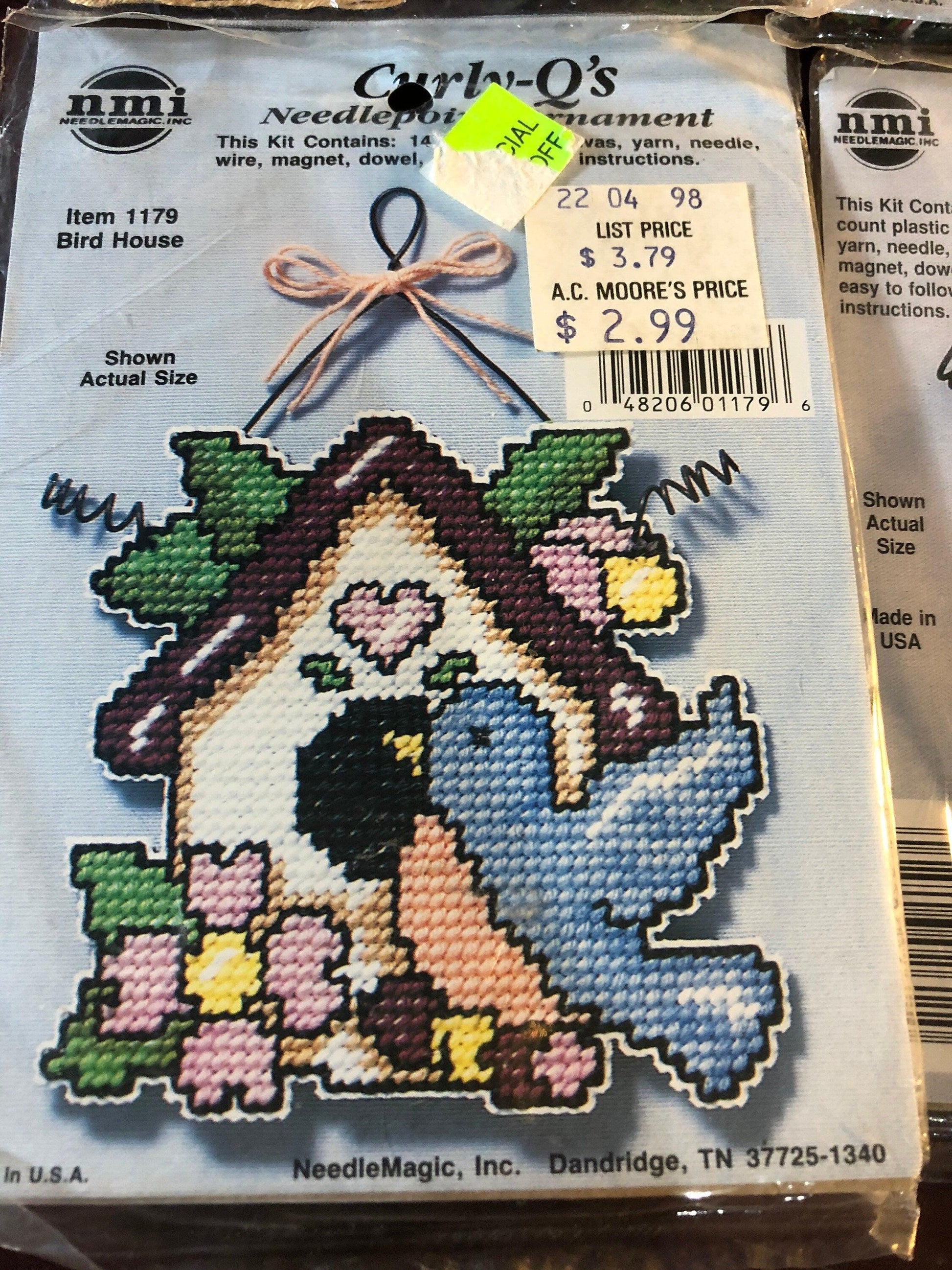 Set of 4 Curly Q&#39;s Cross Stitch on Perforated Plastic, Bird House, Rooster, Eagle Christmas Bear