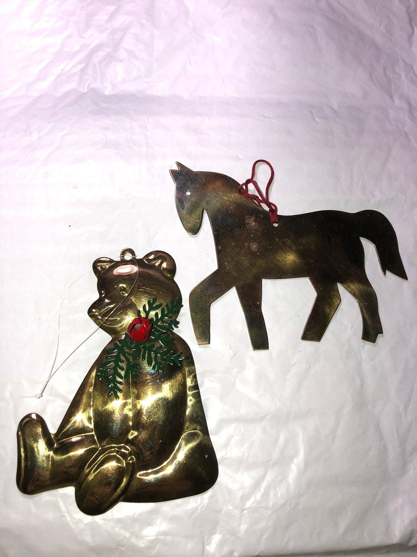 Brass Bear and Brass Horse, Set Of 2, Vintage Christmas Tree Ornaments