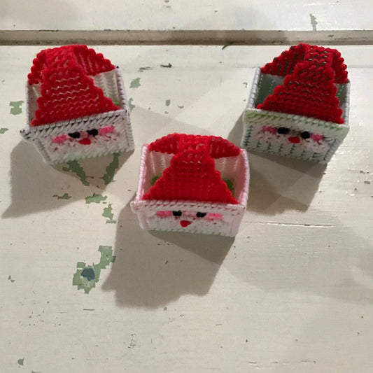 Santa containers, Set of 3, vintage plastic canvas handcrafted with bonus mini cards (could be hung on tree)