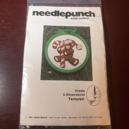 Craftways, Needlepunch, Vintage 1990, Embroidery Kit, Santa Teddy Bear Holding a Candy Cane